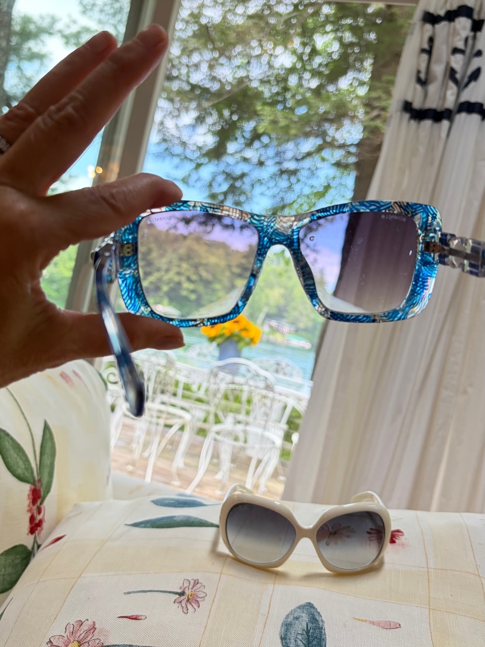 CHANEL Blue Patterned Square Sunglasses with Gradient Lenses